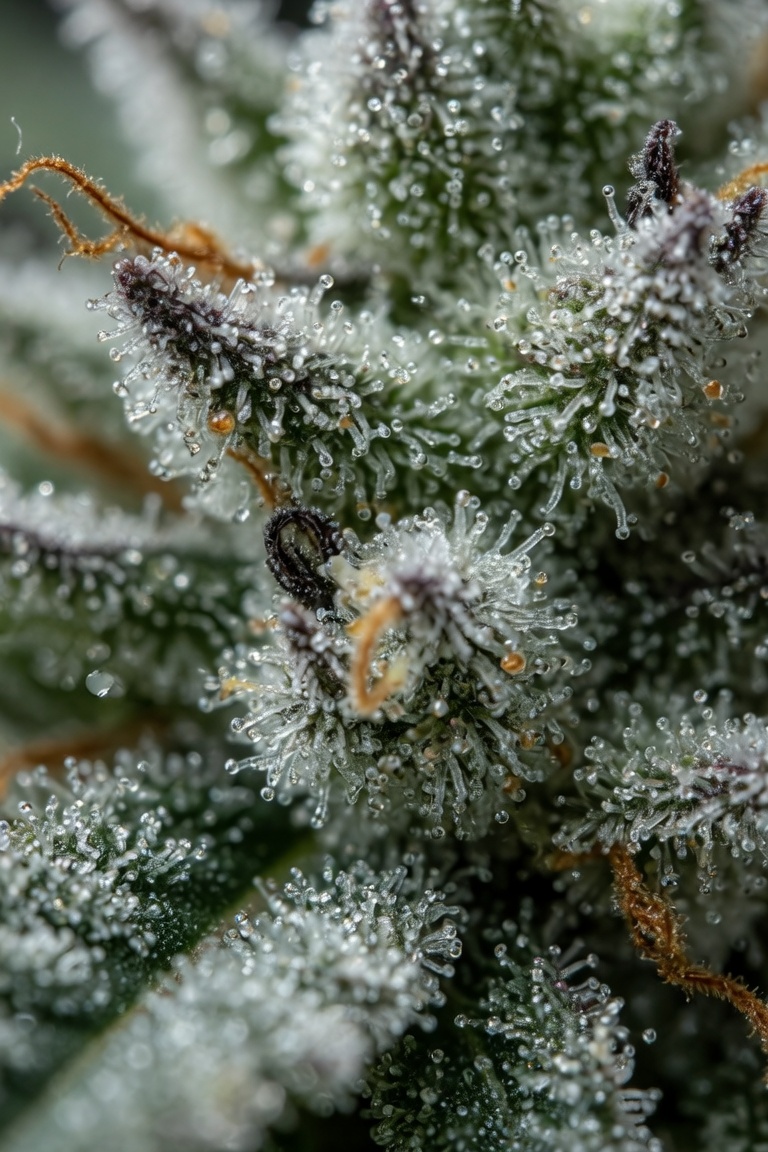 Close-up of cannabis buds covered in thick white trichomes and glistening resin