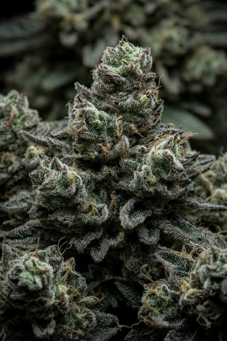 Close-up of dense, high-quality cannabis buds showing thick trichomes and tight flower structure