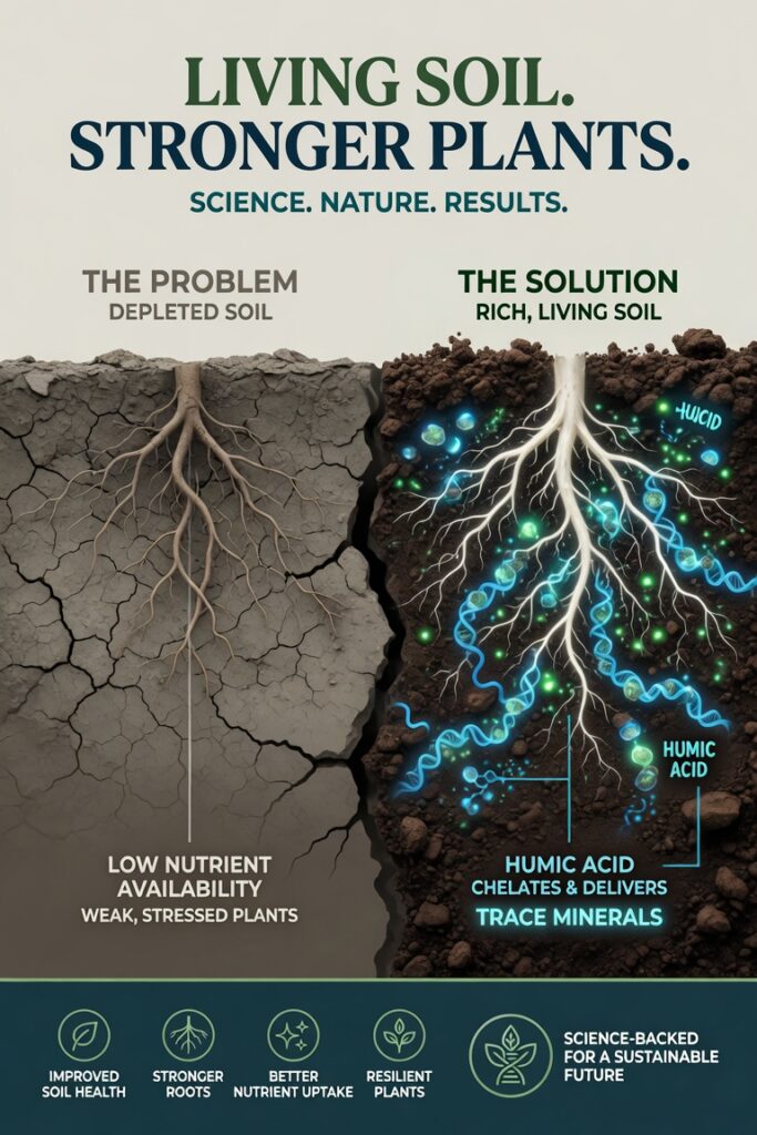 Before and after comparison showing depleted soil with weak roots versus rich living soil with humic acid chelating and delivering trace minerals to healthy roots