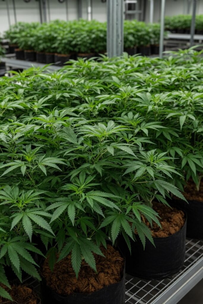 Thriving green cannabis plants growing in coco coir medium in a clean indoor grow room