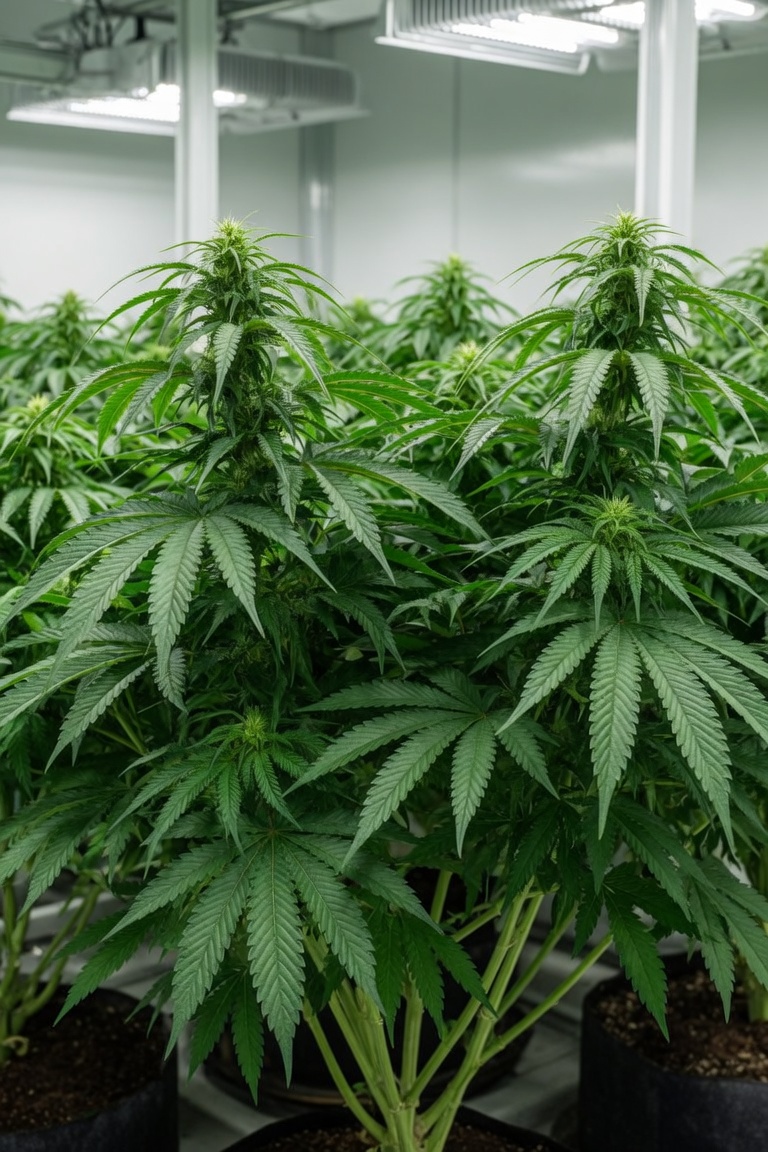 Lush green cannabis plants with thick stems and large healthy leaves showing strong vigor
