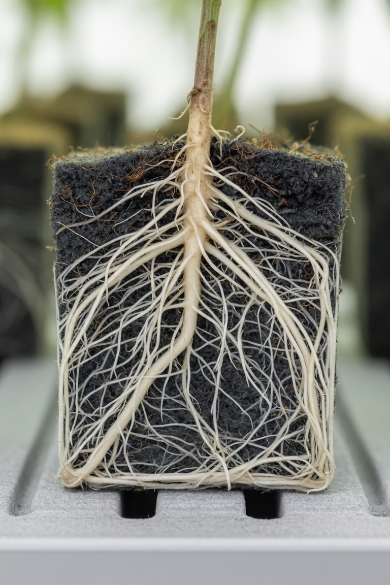 Strong healthy white roots growing in coco coir medium