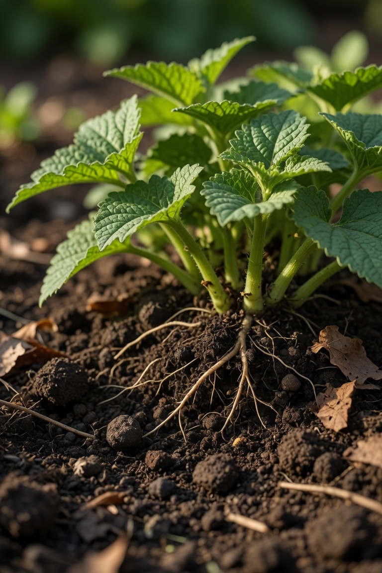 Thriving green plants growing in rich dark living soil