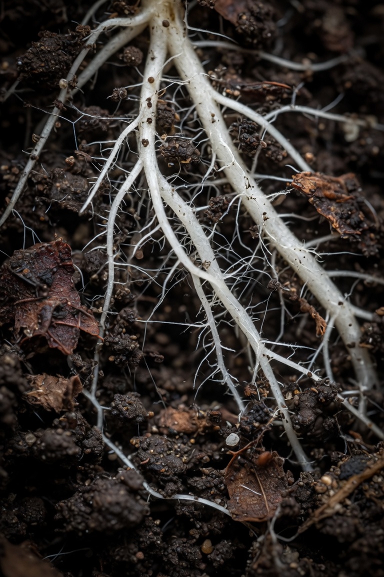 Close-up of healthy white roots in rich living soil with visible mycorrhizal networks