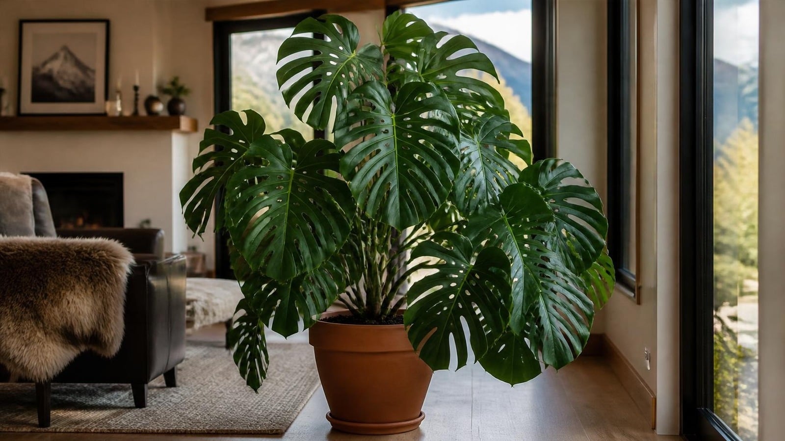 A big, glossy Monstera standing tall in a bright living room